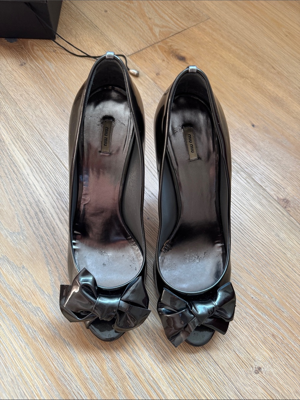Miu Miu Black Patent Peep-Toe Pumps with Bow